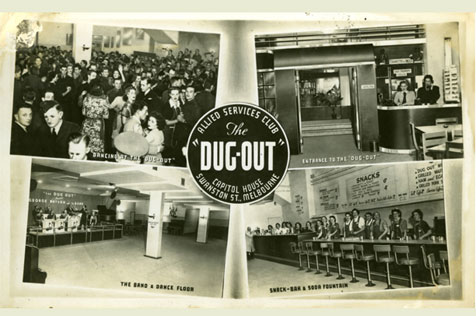 Postcard featuring four black and white photos and the words 'The Dug-Out, Allied Services Club, Capitol House'