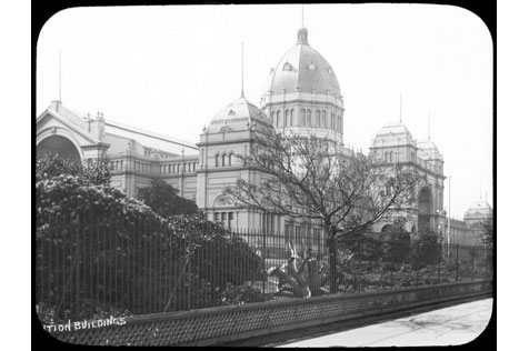 Black and white photo of distinctive exhibition building