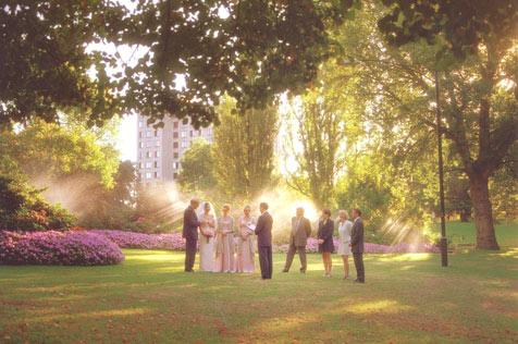 Wedding party in dappled sunlight, Flagstaff Gardens.