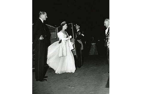 Queen Elizabeth II arriving at a ball at Melbourne Town Hall 1954