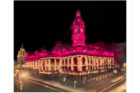 Melbourne Town Hall lit up for royal visit 1954