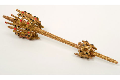 Gold sceptre made of  timber, glue, paint, plastic gems, glitter and  wire used by Moomba King Frank Thring