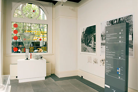 North-west corner of the gallery, with exhibition objects on left