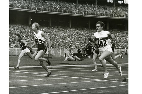 Shirley Strickland winning the first semi-final of the 80m hurdles, 27 November 1956