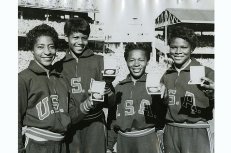 The American women's 4 x 100m relay team with their bronze medals