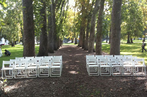 Folding chairs set up with avenue of trees behind.
