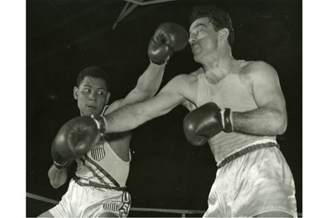 Hungary v. USA in the light middleweight boxing final, with Papp of Hungary (right) and J.L. Torres of America (left)