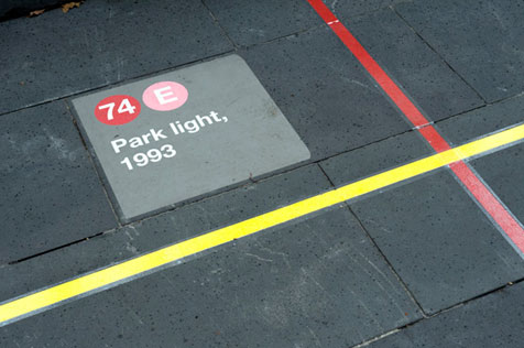 Outside the gallery: exhibition label 74-E indicates 1993 park light on street