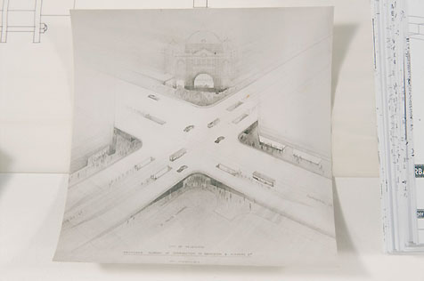 Artist’s impression of intersection of Swanston and Flinders Streets, with Flinders Street station at top; technical drawings behind
