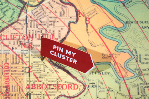 Close-up map of Clifton Hill and Abbotsford with a maroon flag 'Pin my cluster'
