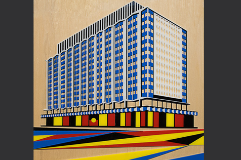 Painting of the proposed Melbourne airport featuring blue and white square building atop a level painted in black, red and yellow and featuring the Aboriginal flag