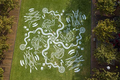Aerial view of green lawn decorated with white Aboriginal stencilled artwork