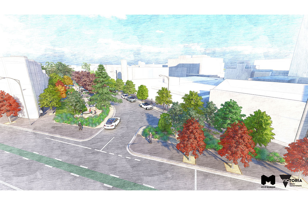 Artist impression of park from street corner viewpoint