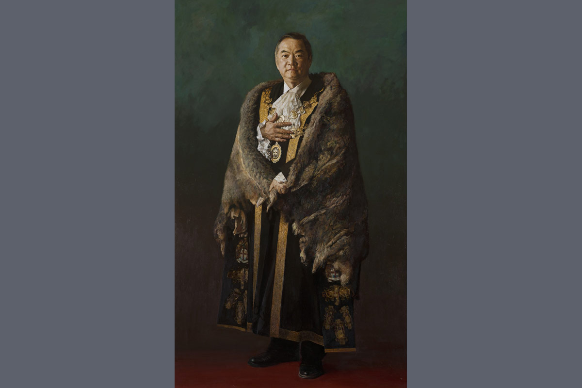 Painted portrait of John So wearing mayoral robe and chains and an Aboriginal possum skin coat