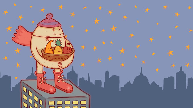 cartoon image of egg shaped person wearing a beanie and scarf hgolding a basket of fresh fruit and vegetables