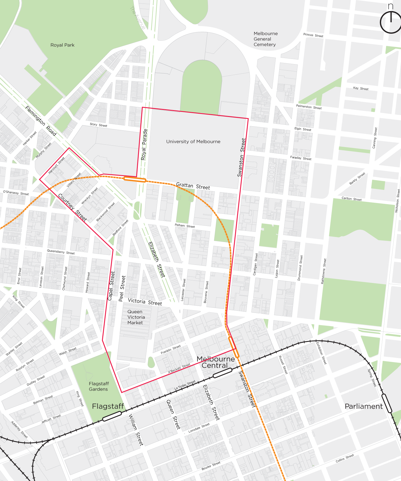 City North covers an area of 130 hectares to the north of the central city, taking in Grattan, Swanston, Victoria, Peel, Capel, Courtney and Harcourt Streets.