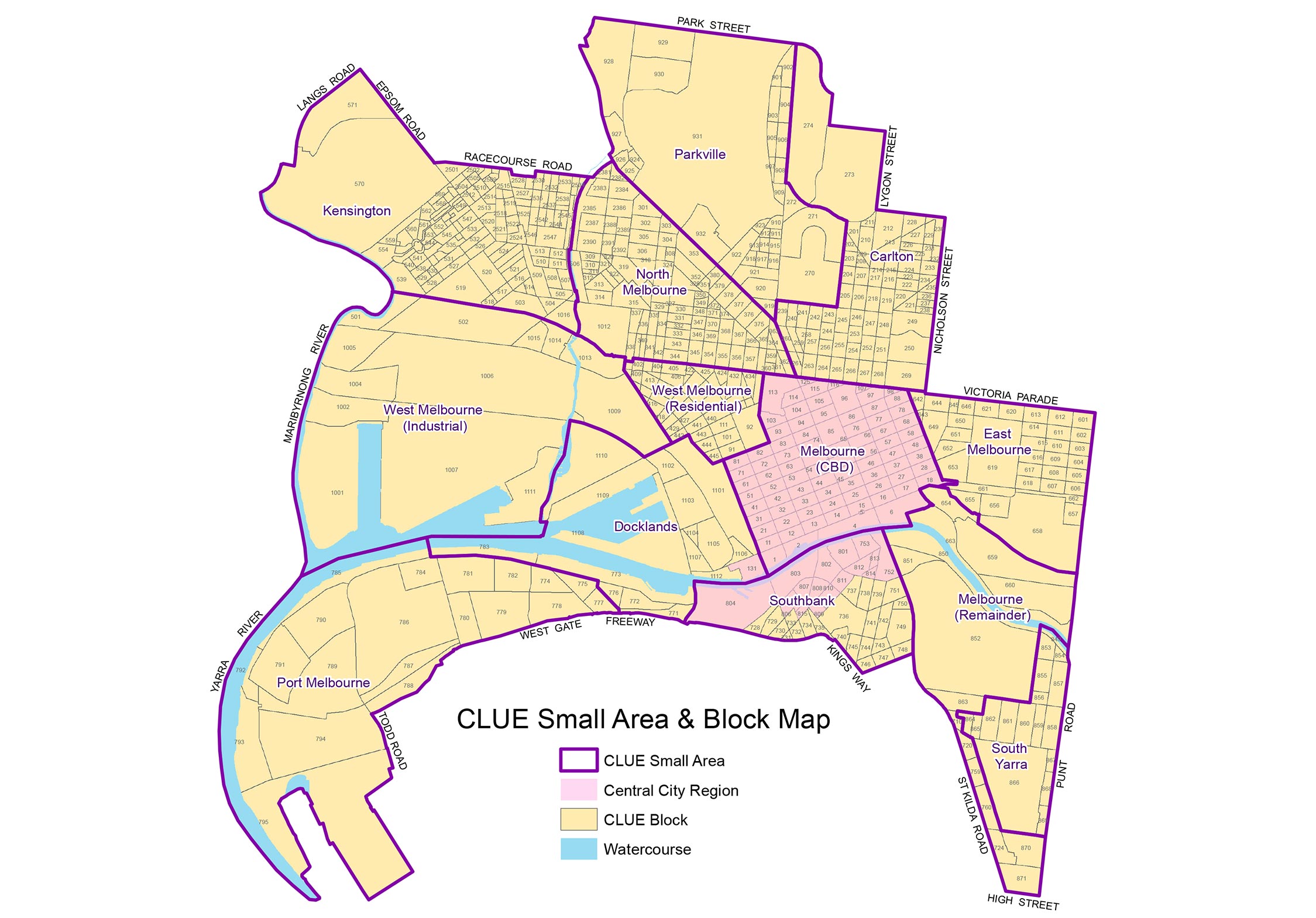 City of Melbourne map showing the numbered city blocks in CLUE small areas