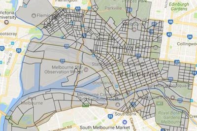 Map of the City of Melbourne showing outlines of regions and blocks