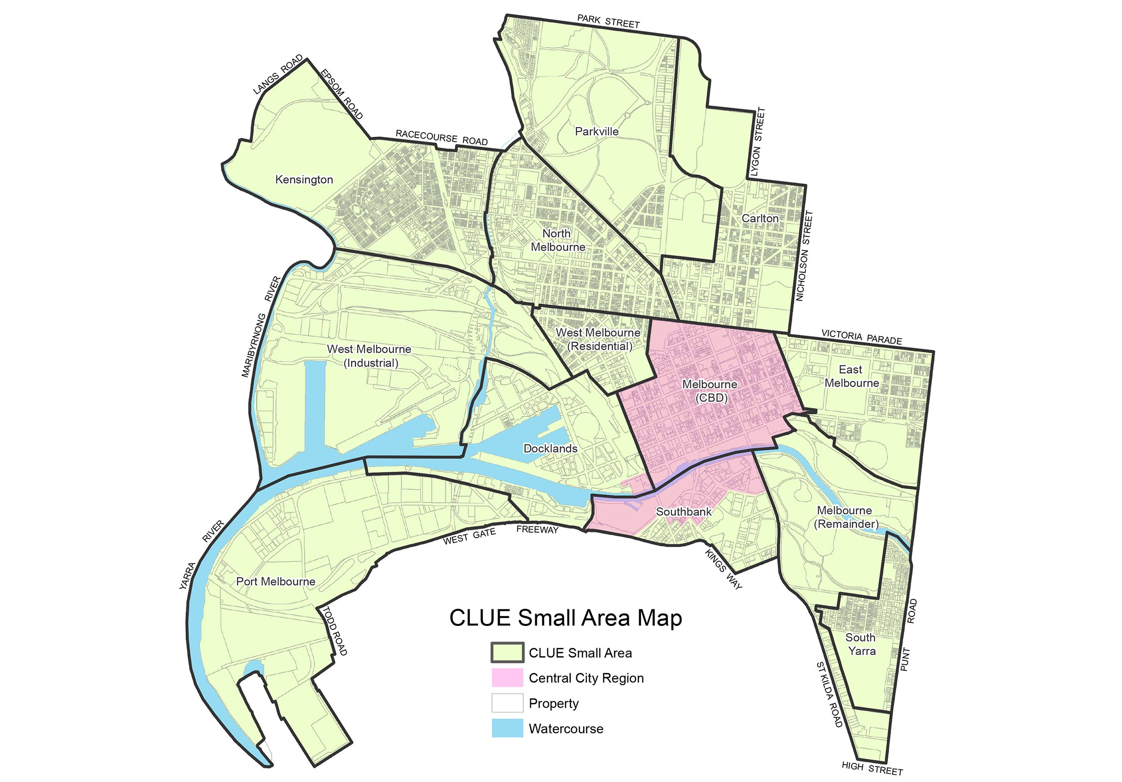 Map of the 13 standard predefined CLUE small areas within the City of Melbourne.
