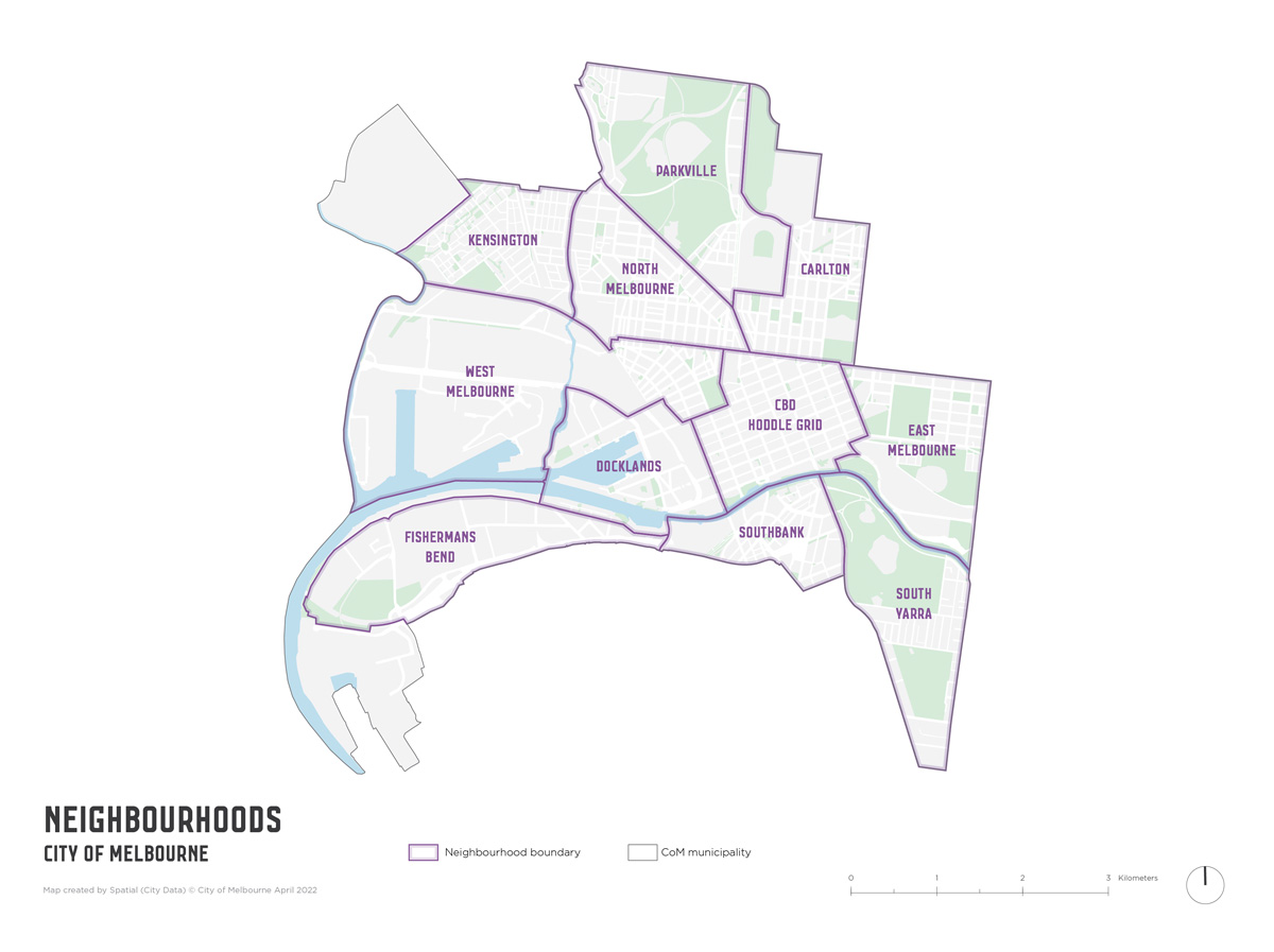 A map of the City of Melbourne municipality showing the ten neighbourhoods in order of North to South: Parkville, Kensington, North Melbourne, Carlton, West Melbourne, Docklands, CBD Hoddle Grid, East Melbourne, Fishermans Bend, Southbank, South Yarra.