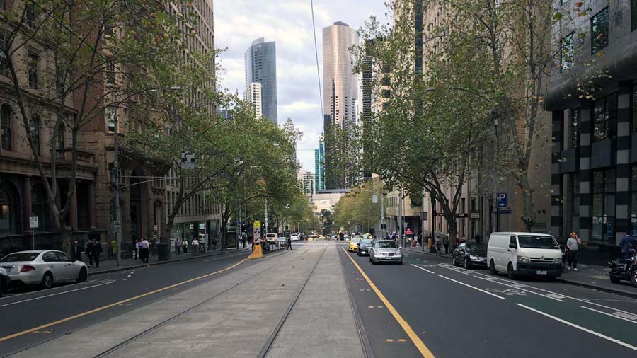 Section of the bike lane on William Street. The lane is between parked cars and moving traffic.