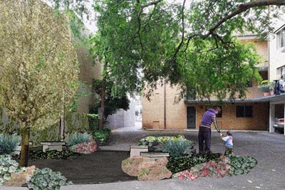 Artist impression (photo montage) of landscaped space with trees, garden beds and seating, next to low-rise housing complex