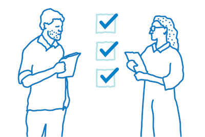 Illustration of two people consulting notes and a checklist