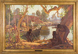 Three indiginous people on the bank of a river looking at a boat with three Caucasian males in it