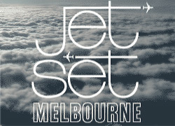 The words 'Jet Set Melbourne' and two tiny planes super-imposed above the cloud line 