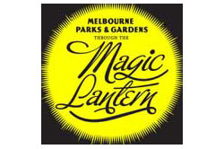 Magic lantern exhibition advertising poster; black writing on a stylised yellow sun on a black background