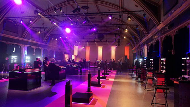 The Main Pavilion at the Meat Market set-up with coloured lights