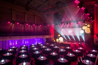 Interior of town hall set up for gala awards ceremony