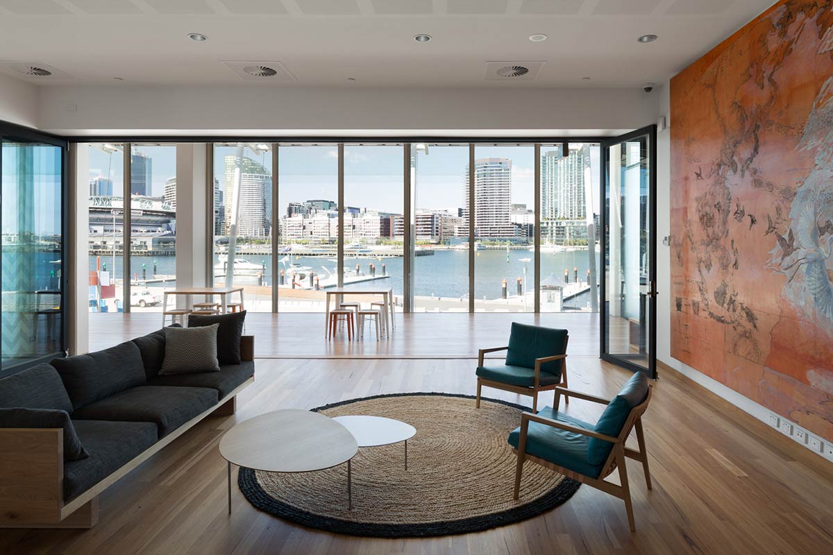 Lounge facilities at Melbourne City Marina with large windows overlooking the waterfront
