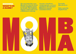 Poster for 'Moomba' exhibition - yellow background with Moomba in red and white letters