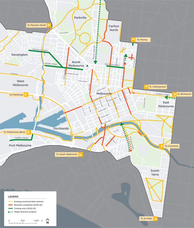 City of Melbourne map showing protected bike lanes/paths (blue), City bypass routes and freeways (dark purple), traffic routes/arterials (dark grey) and pedestrian-priority Little Streets (green). Download the map and see description on the page for more details.