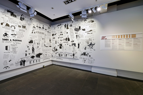 Corner of the gallery covered with pen drawings and handwriting and one other picture