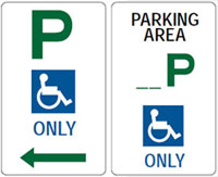 Two types of parking signs with a green 'P' and indicating disabled only