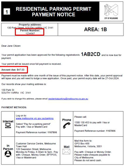 Payment notice example, with the reference number and payment amount both circled in red.