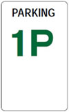 A sign that reads 'Parking 1P' with '1P' in green text