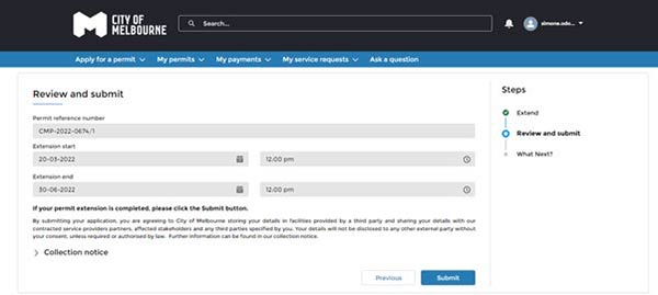 'Review and Submit' screen showing the updated details, collection notice and a submit button.