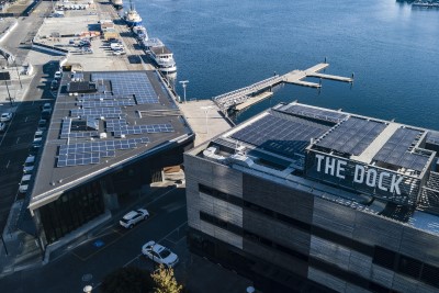 Aerial image of solar panels on roof space at Library at the Dock in Docklands Melbourne