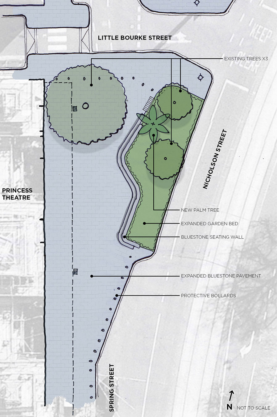 Concept plan of the proposed changes. Along the north east along Nicholson Street there is an expanded garden bed with a bluestone seating wall, with a new palm tree among the three existing trees. The bluestone pavement area in front of the theatre is expanded and protective bollards have been added.