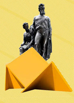 Digital collage of realistic sculpture of two men and abstract yellow sculpture