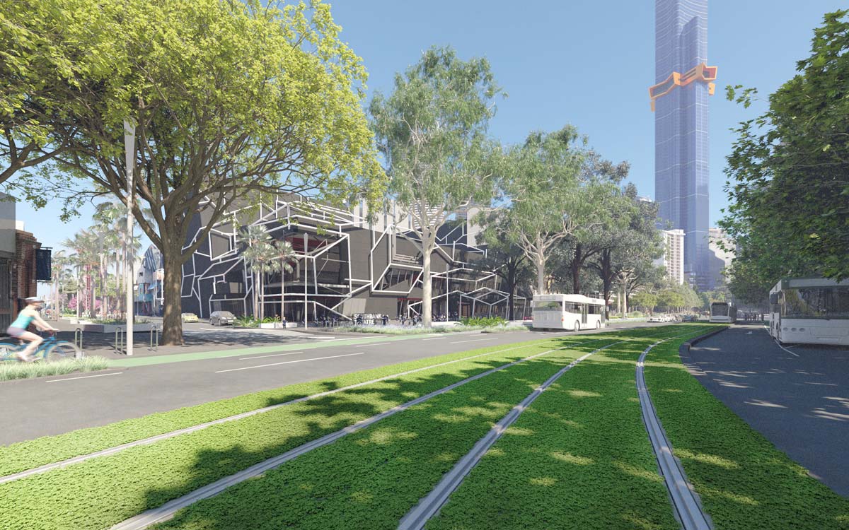 Artist's impression of green tramway on Southbank Boulevard, alongside the Southbank Theatre building