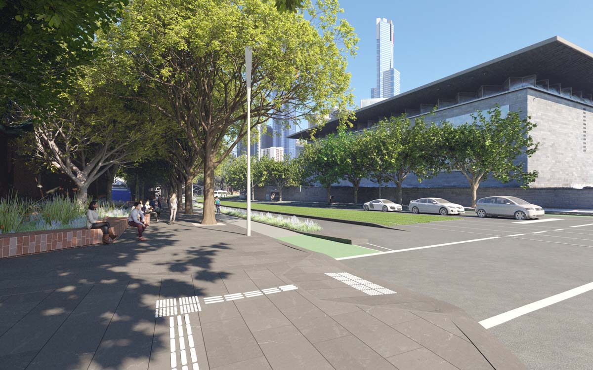 Artist's impression showing the road, tram tracks, adjacent trees and the NGV building