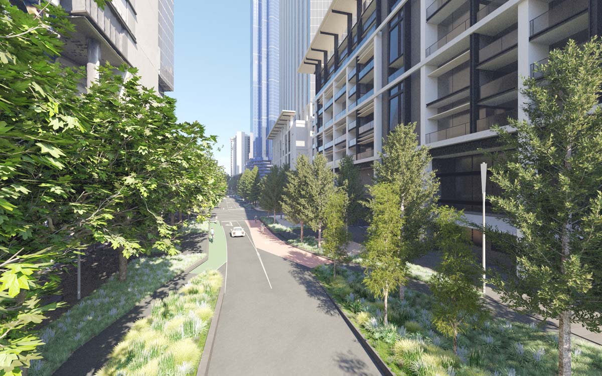 Artist's impression showing a raised view of the road; nature strips planted with grasses and trees and large buildings are on either side