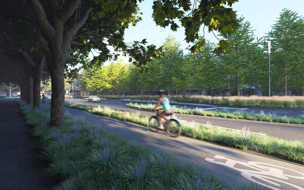 Artist's impression of bike lane and road with nature strips and trees alongside
