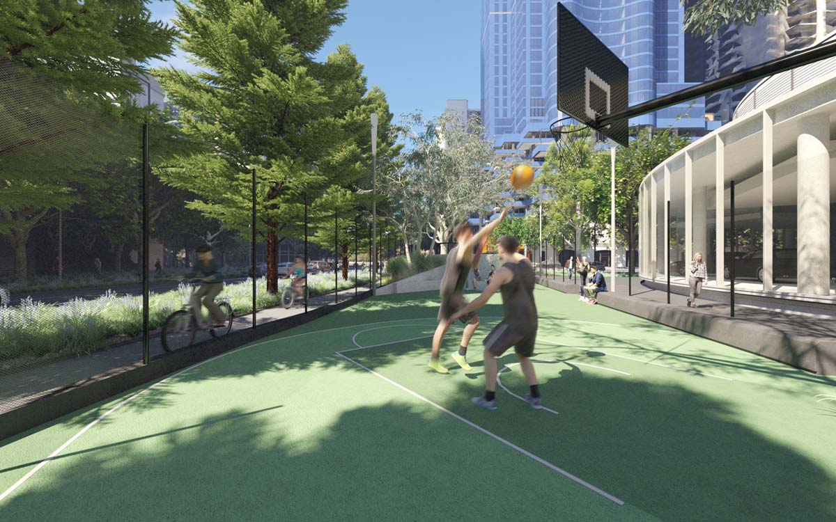 Artist's impression of narrow green sports ground with various line markings, basketball hoop and seating, separated from adjacent bike path by a tall wire fence