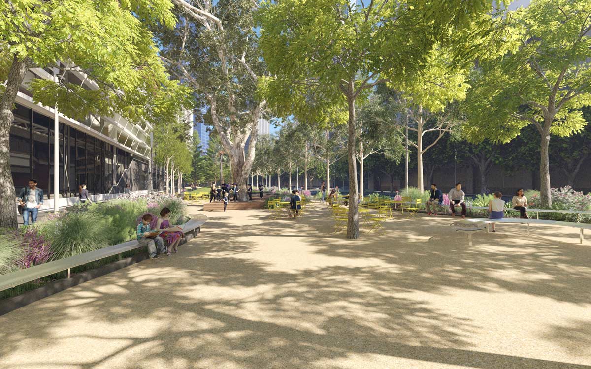 Artist's impression - large open space with various large trees, garden beds, bench seating and cafe tables/chairs