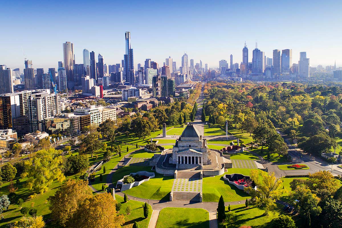 Elevated view of the Shrine of Remembrance and surrounding reserve and landscaped gardens, looking along the path of the avenue towards the city.
